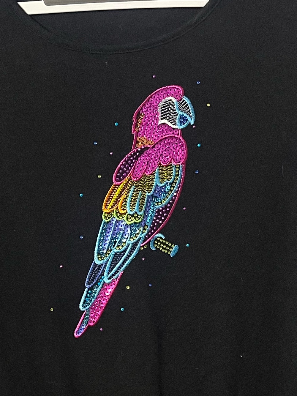 Quacker Factory Black Tee with Pink and Multicolor Sequin Parrot